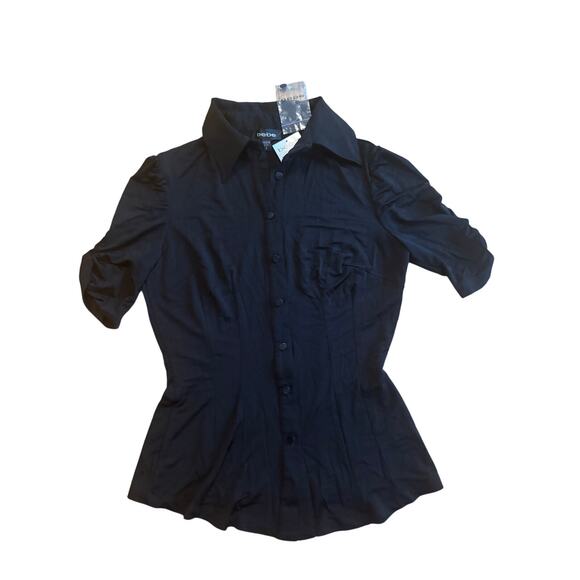 NWT Bebe Vintage Black Stretchy Fitted Button Up Collared Shirt Ruched Sleeves S - Picture 1 of 4
